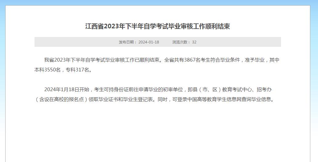 江西省2023年下半年自学考试毕业审核工作顺利结束